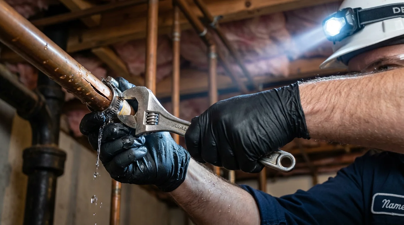 Emergency pipe clamp repair being performed by a Johns Plumbing LLC plumber in Wellsburg