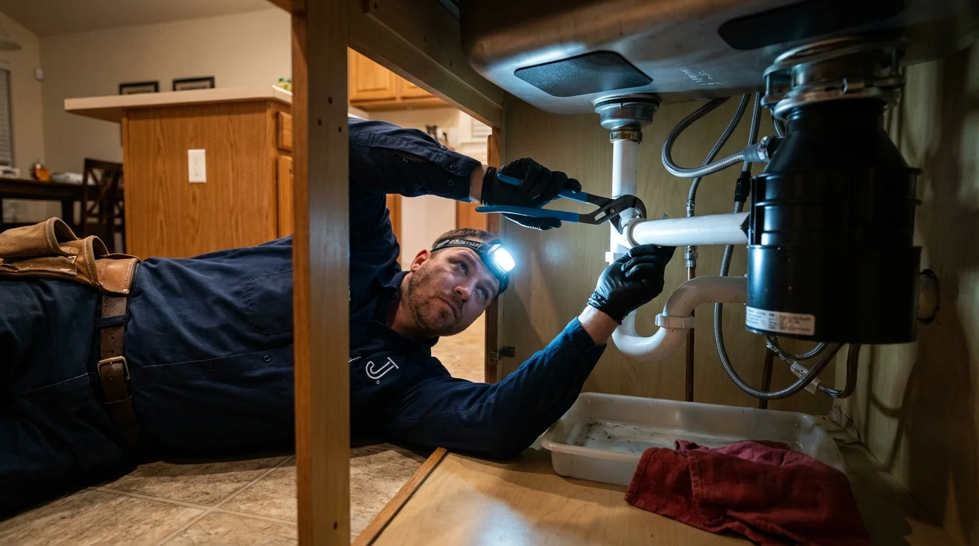 P-trap and supply line connections under a kitchen sink showing a common leak point in Wellsburg, WV
